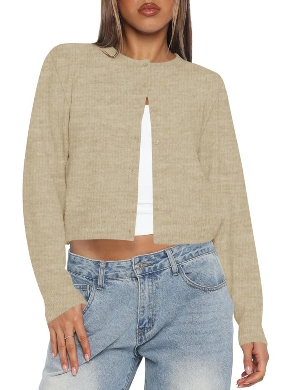 Women's Oatmeal Long Sleeve Button Up Cropped Imported Cardigan Sweaters